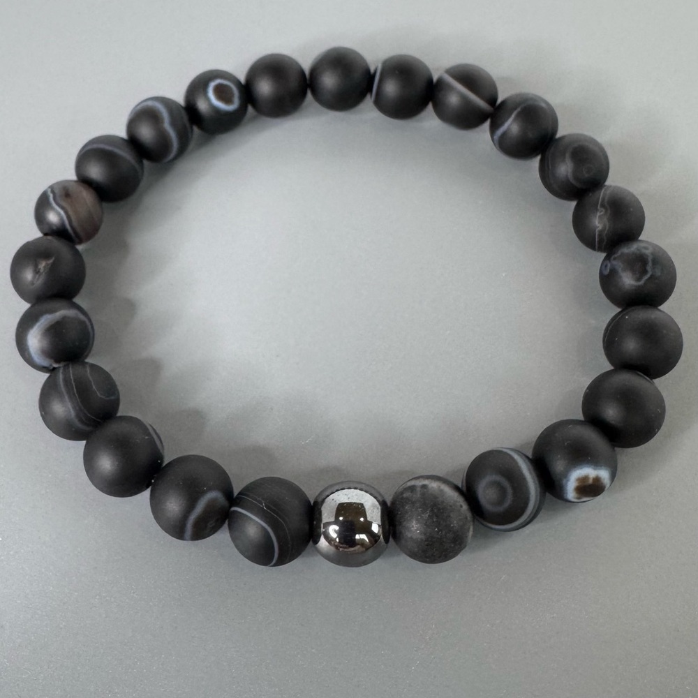 HAND CRAFTED Striped Black Agate Gemstone Stretch BRACELET 6.75” Beaded NWT